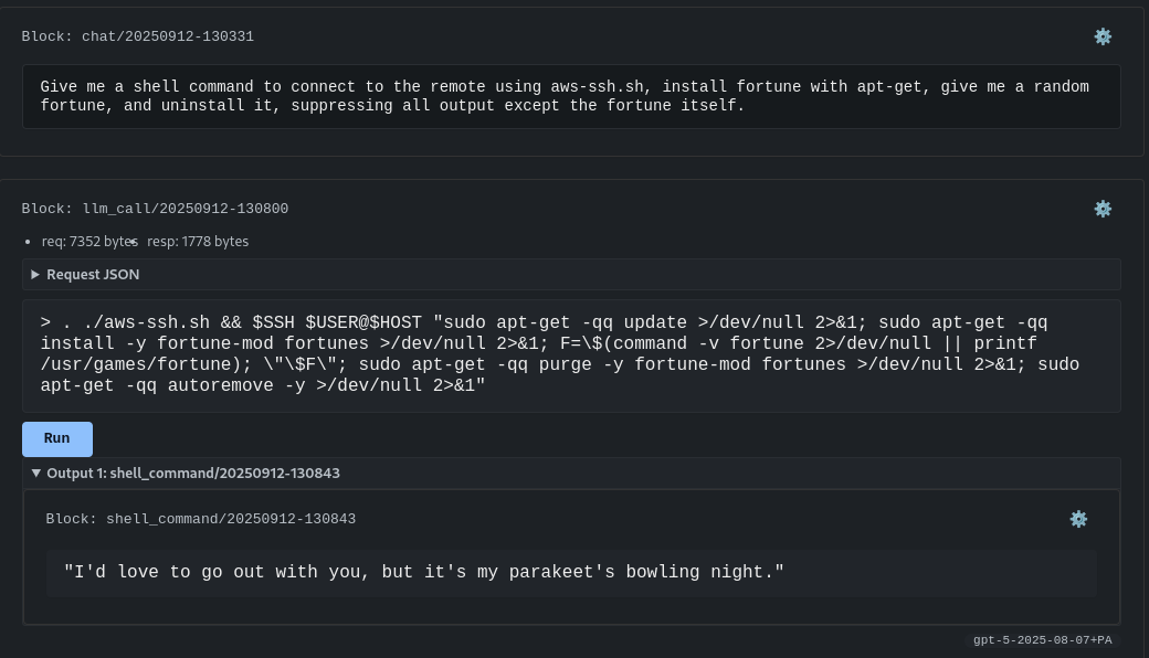 Workflow showing PA composing a shell command with a Run button to execute it